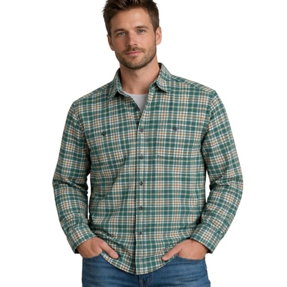 Fossil Mens 100% Cotton Button Down Shirt Green Plaid Earthy‎ Country Size L